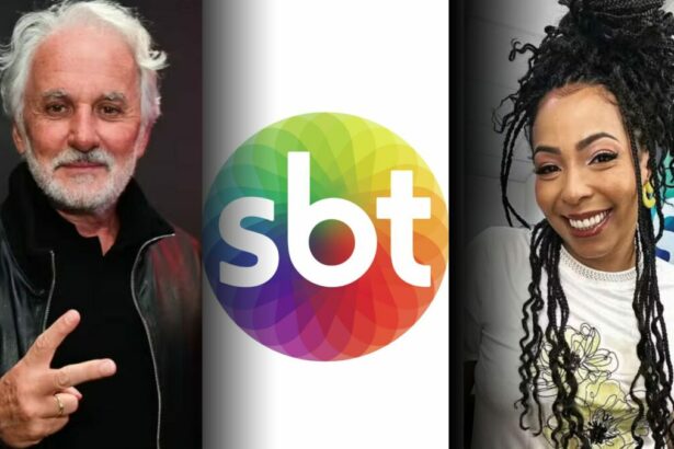 Montagem: Otávio Mesquita fazendo V de vitória, logo do SBT e Juliana Oliveira no camarim da emissora