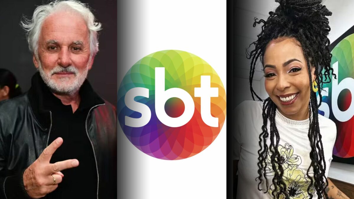 Montagem: Otávio Mesquita fazendo V de vitória, logo do SBT e Juliana Oliveira no camarim da emissora