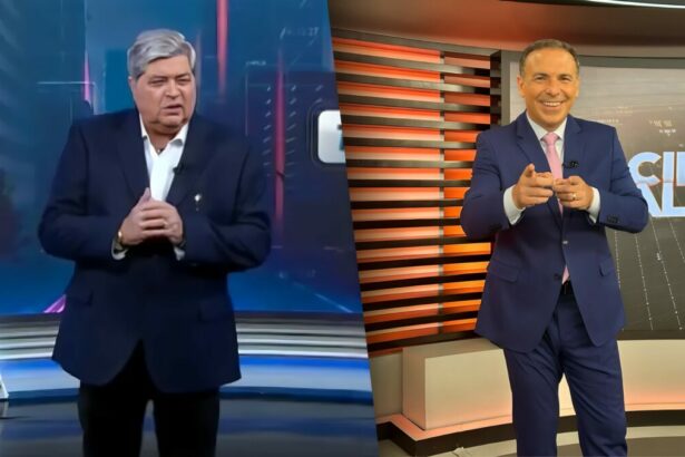 José Luiz Datena divide tela com Reinaldo Gottino. Datena está com semblante chateado no cenário do Tá na Hora, enquanto Reinaldo Gottino se diverte no cenário do Cidade Alerta