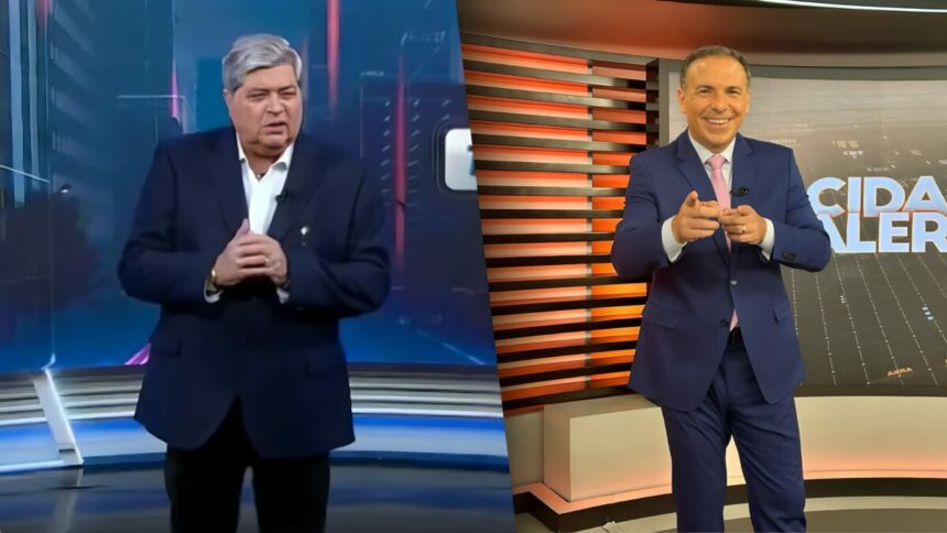 José Luiz Datena divide tela com Reinaldo Gottino. Datena está com semblante chateado no cenário do Tá na Hora, enquanto Reinaldo Gottino se diverte no cenário do Cidade Alerta