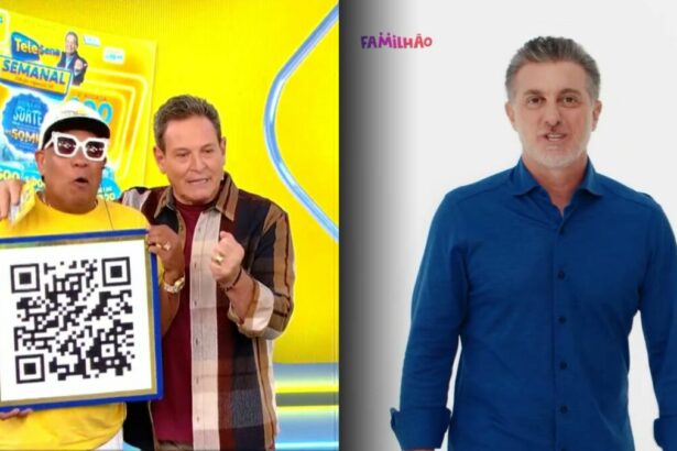 Liminha ao lado de Luis Ricardo no cenário da Tele Sena Semanal. Segunda imagem: Luciano Huck de camisa azul no comercial do Familhão