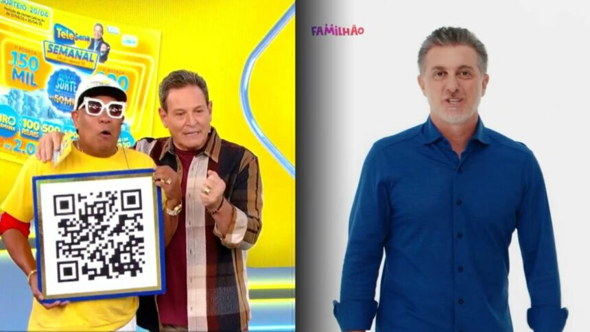 Liminha ao lado de Luis Ricardo no cenário da Tele Sena Semanal. Segunda imagem: Luciano Huck de camisa azul no comercial do Familhão