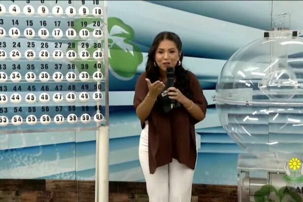 Apresentadora do Alagoas dá Sorte, de blusa marrom e sorrindo, ao lado do painel expositor com as bolas do sorteio