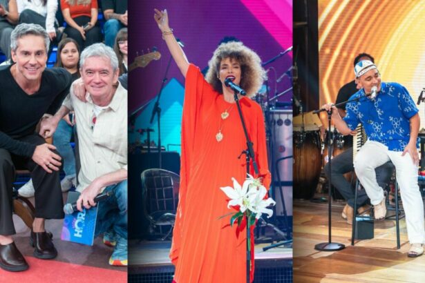 Alexandre de Nero ao lado de Serginho Groisman que está sentado ao lado dele. Segunda imagem: Vanessa da Mata em pé de vestido vermelho no palco do Altas Hora. Terceira imagem: João Gomes de camisa azul também no palco do programa