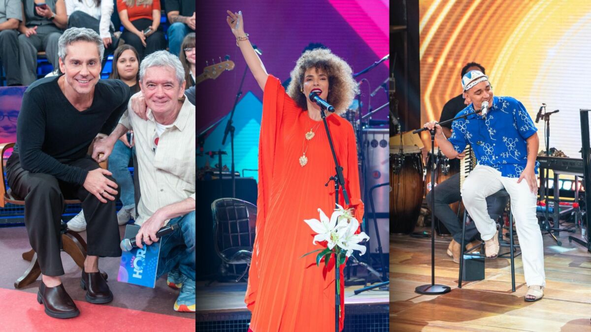 Alexandre de Nero ao lado de Serginho Groisman que está sentado ao lado dele. Segunda imagem: Vanessa da Mata em pé de vestido vermelho no palco do Altas Hora. Terceira imagem: João Gomes de camisa azul também no palco do programa