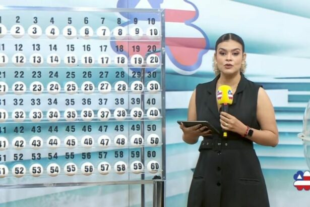 Apresentadora do Bahia dá Sorte em frente ao painel com as bolas do sorteio deste domingo, 27 de abril