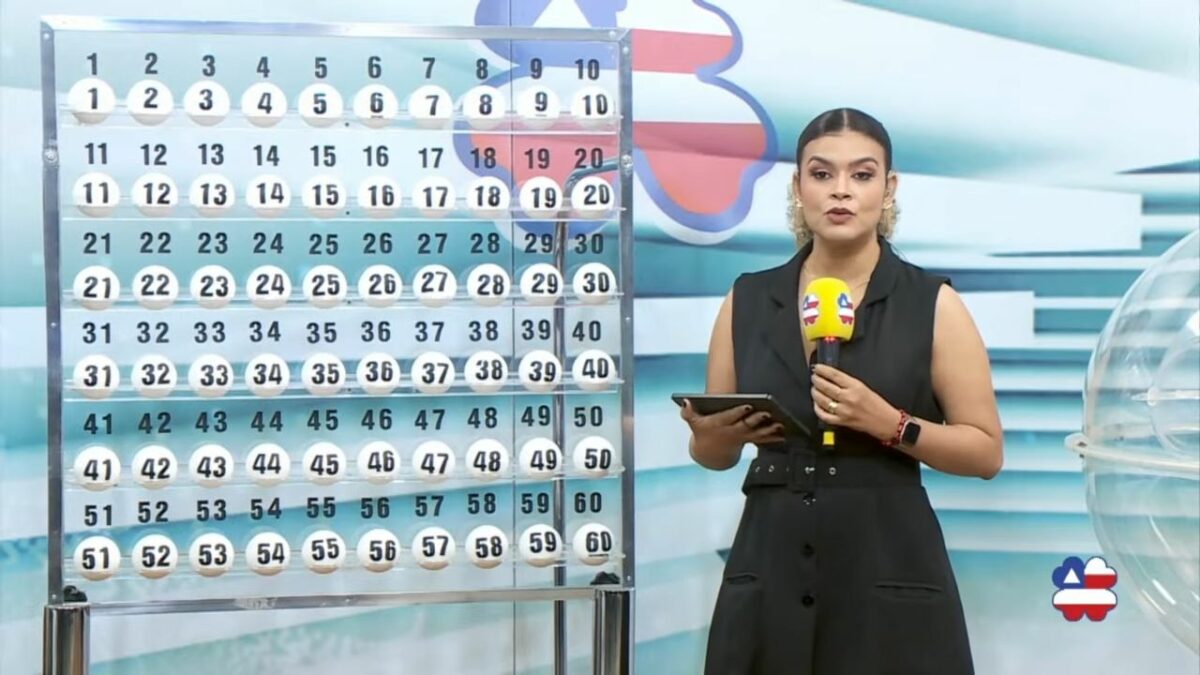 Apresentadora do Bahia dá Sorte em frente ao painel com as bolas do sorteio deste domingo, 27 de abril