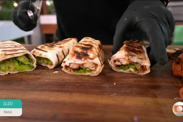 burrito de sobrecoxa no balcão de madeira do É de Casa