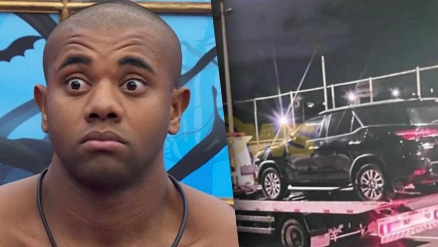 Davi Brito com os olhos arregalados divide tela com o carro preto sendo levado em um reboque da Superintendência de Trânsito de Salvador (Transalvador)