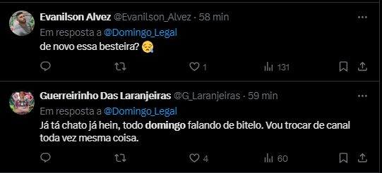 Comentários criticando Bitelo no Domingo Legal