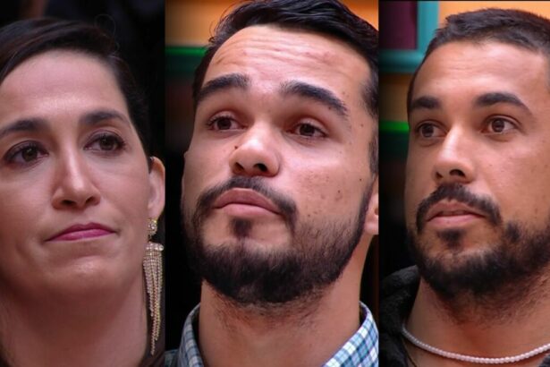 Daniele Hypolito, João Pedro e Maike olham para o telão ao pedir votos para continuarem no BBB 25 após formação do 13º Paredão