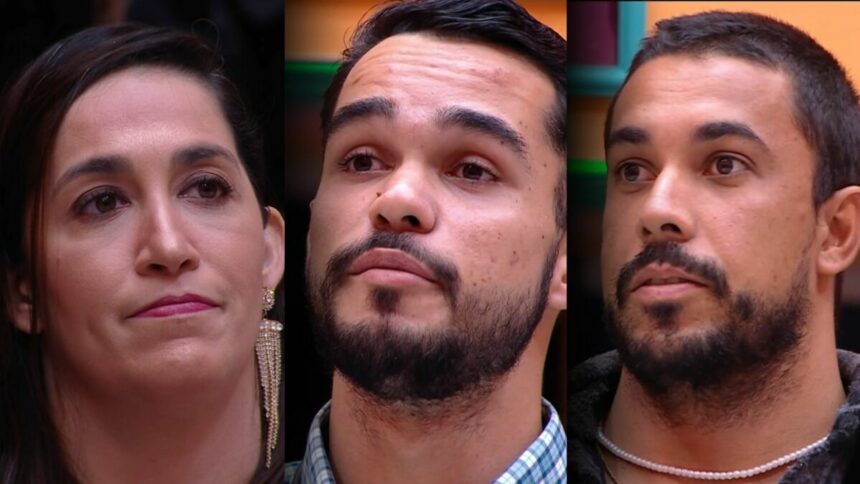 Daniele Hypolito, João Pedro e Maike olham para o telão ao pedir votos para continuarem no BBB 25 após formação do 13º Paredão