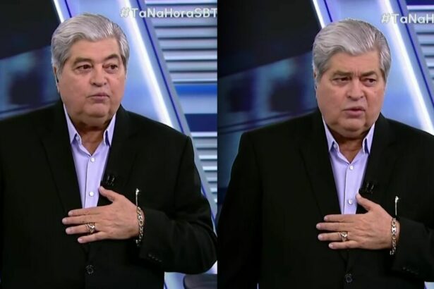 Datena usa terno preto e camisa clara lilá no cenário do Tá na Hora no SBT