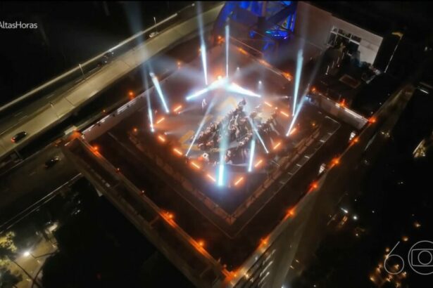 Músicos da orquestra de Heliópolis no heliponto da TV Globo gravando show do Altas Horas