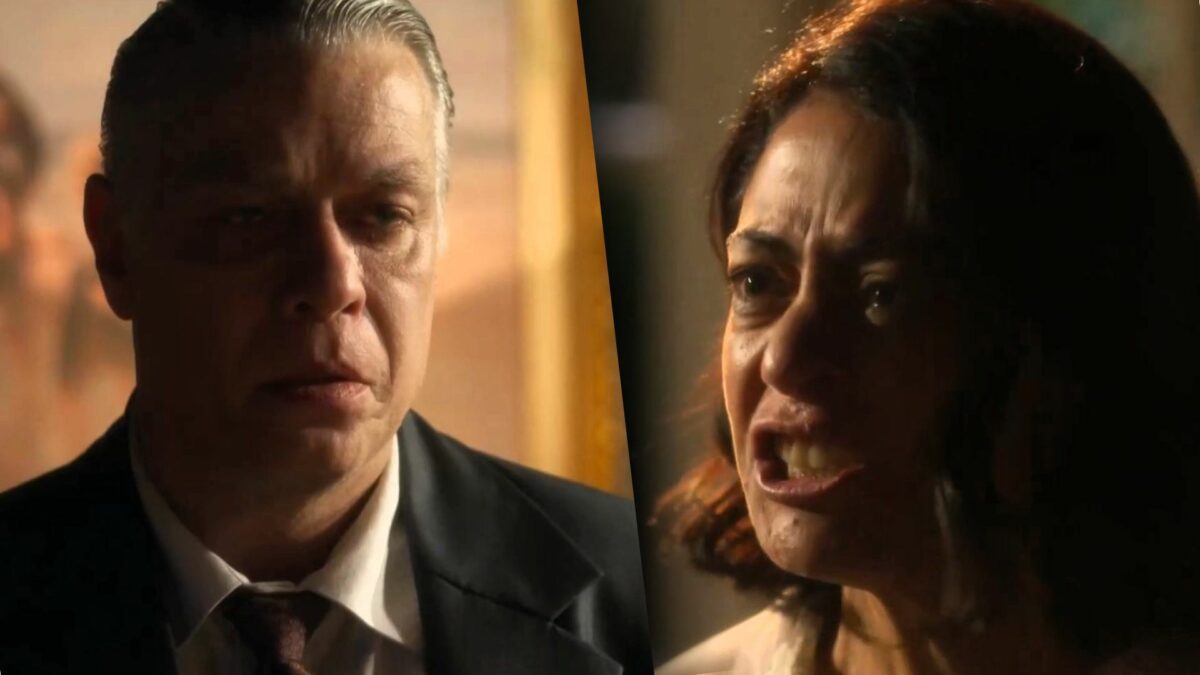 Juliano de terno preto assustado, olhando para Clarice que abre a boca e grita em cena de Garota do Momento
