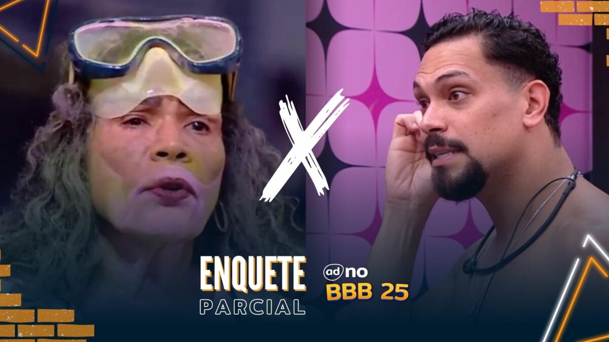 Vilma toda suja de fumaça colorida divide tela da arte da enquete do Portal Alta Definição com Vinicius que coça o ouvido no quarto do BBB 25
