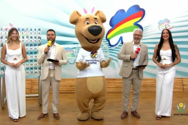 Mascote do Pernambuco da Sorte fantasiado de coelho da Páscoa no cenário do Pernambuco da Sorte no sorteio deste domingo 20 de abril