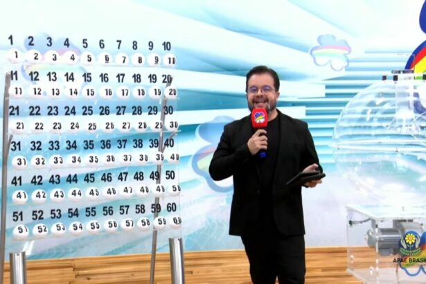 Apresentador do Pernambuco dá Sorte em frente ao painel com as bolas do sorteio