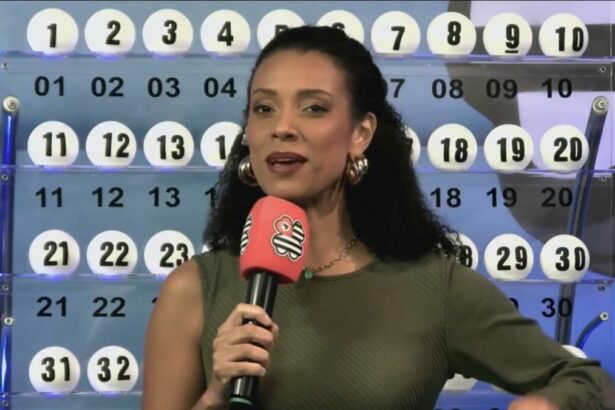 Apresentadora do São Paulo dá Sorte em frente ao painel com as bolas do sorteio do dia 27 de abril