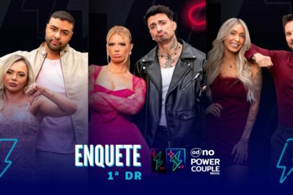 Ana Paula e Antony, Giovanna e Diego, Talira e Rafal com semblantes tristes na arte da enquete do Power Couple Brasil 7. Eles disputam a 1ª DR da temporada