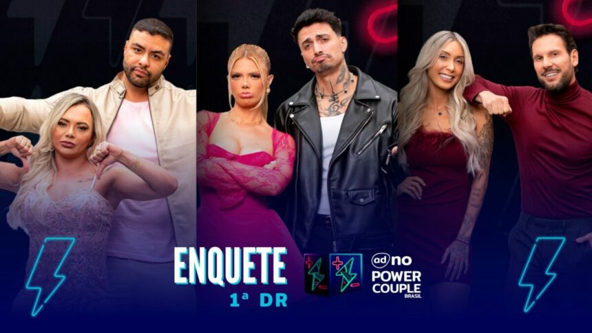 Ana Paula e Antony, Giovanna e Diego, Talira e Rafal com semblantes tristes na arte da enquete do Power Couple Brasil 7. Eles disputam a 1ª DR da temporada
