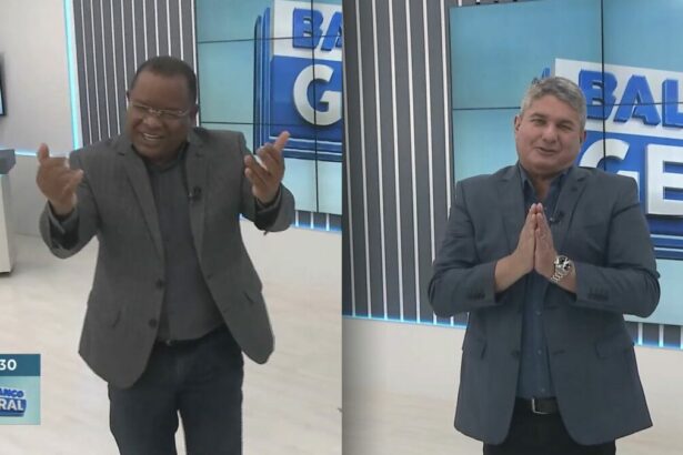 Evenilson Santana de terno preto e chamando os telespectadores do Balanço Geral Manhã. Ele está sorridente. Ao lado, o apresentador Gernand Lopes vestindo terno cinza claro e juntando as mãos em sinal de agradecimento pela audiência do Balanço Geral PE