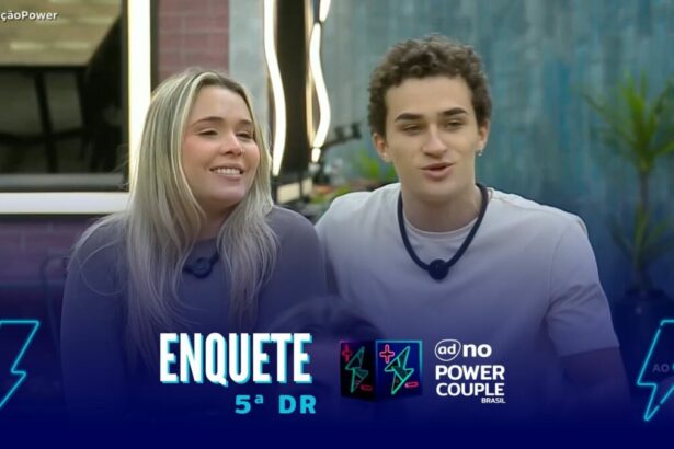 Bia e Gui na arte da enquete do Power Couple, sentados na sala da Mansão Power