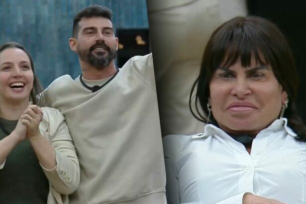 Carol e Radamés felizes na sala do Power Couple Brasil 7. Gretchen fica com cara de poucos amigos