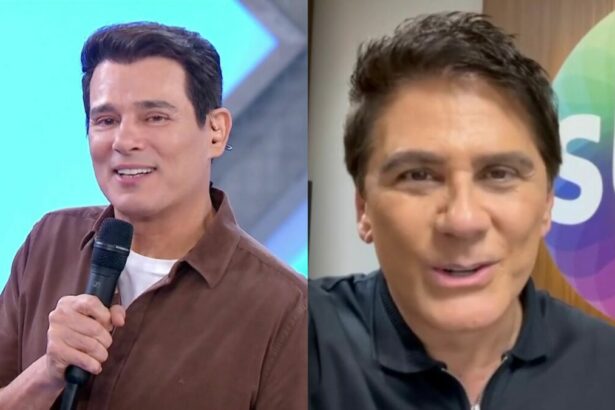 Celso Portiolli segura microfone do Domingo Legal e divide tela com Cesar Filho que está em frente ao logo do SBT