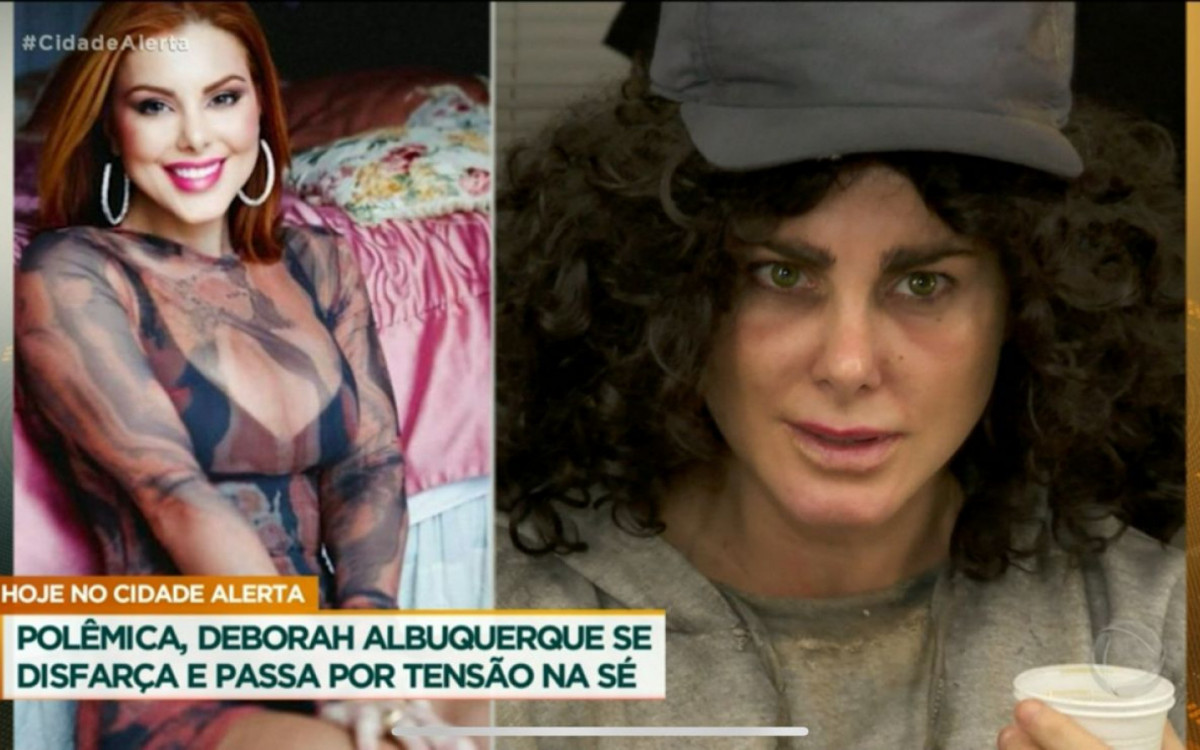 Deborah Albuquerque vestida de mendiga em reportagem do Cidade Alerta
