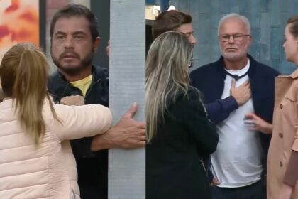 Dhomini e Kadu precisando serem segurados, em trecho de treta, no Power Couple