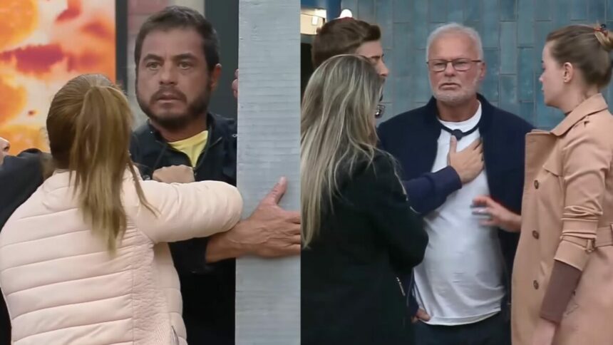 Dhomini e Kadu precisando serem segurados, em trecho de treta, no Power Couple