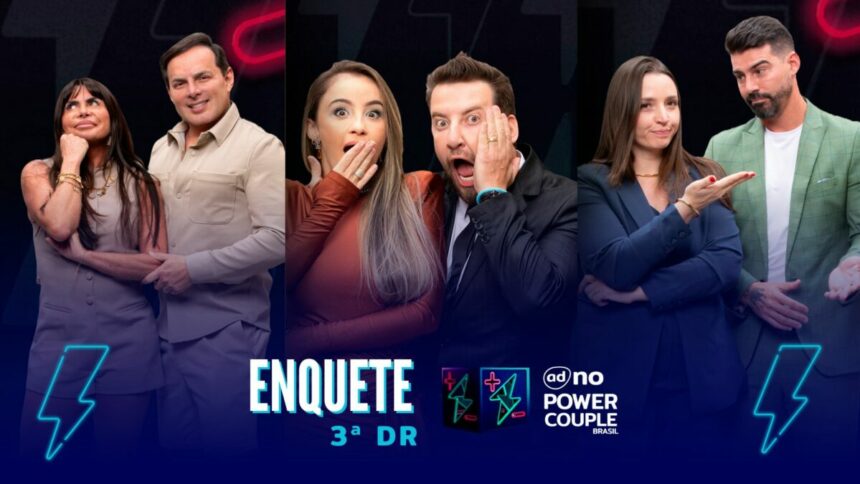 Gretchen e Esdras, Gi e Eros, Carol e Radamés com semblantes tristes e preocupados na arte da enquete do Power Couple Brasil 7