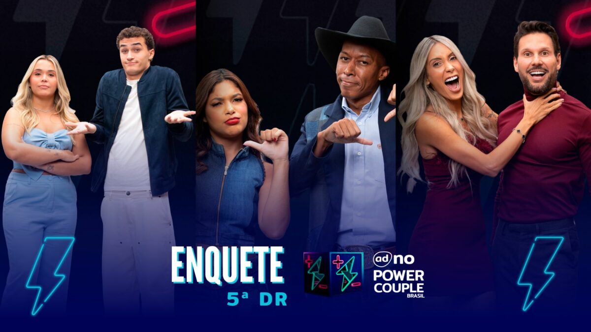 Bie Gui, Emilyn e Neguinho e Tali e Rafa com semblantes tristes na arte da enquete do Power Couple Brasil 7 na quinta DR