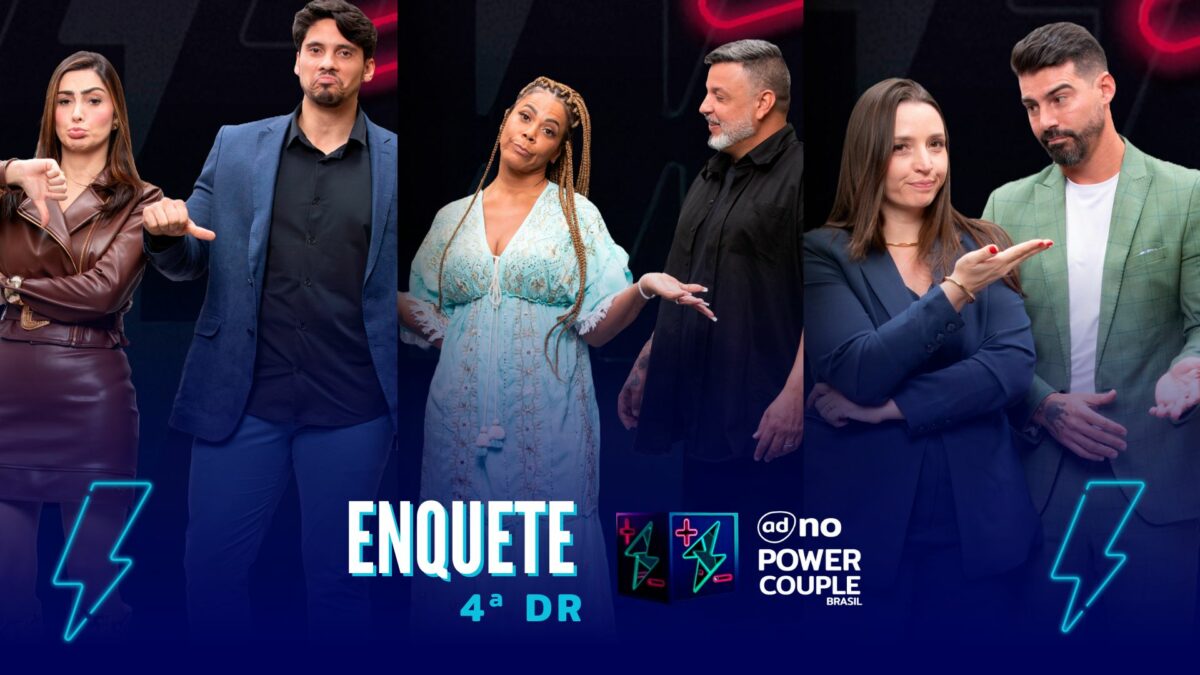 Fran e Júnior, Sílvia e André, Carol e Radamés com semblantes tristes e preocupados na arte da enquete do Power Couple Brasil 7