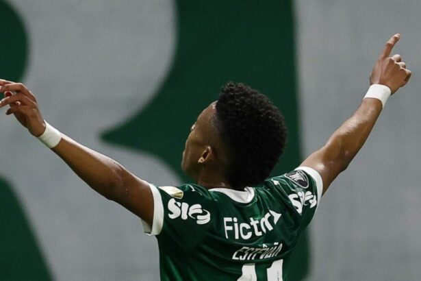 Estevão celebrando gol com a camisa do Palmeiras