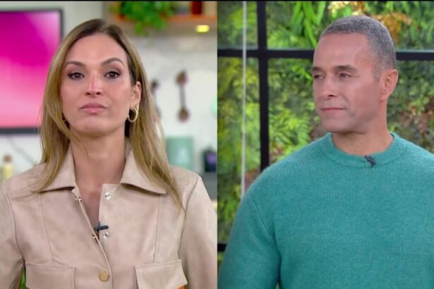 Talitha e Fabrício chorando no cenário do Mais Você