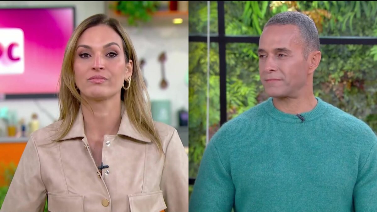 Talitha e Fabrício chorando no cenário do Mais Você