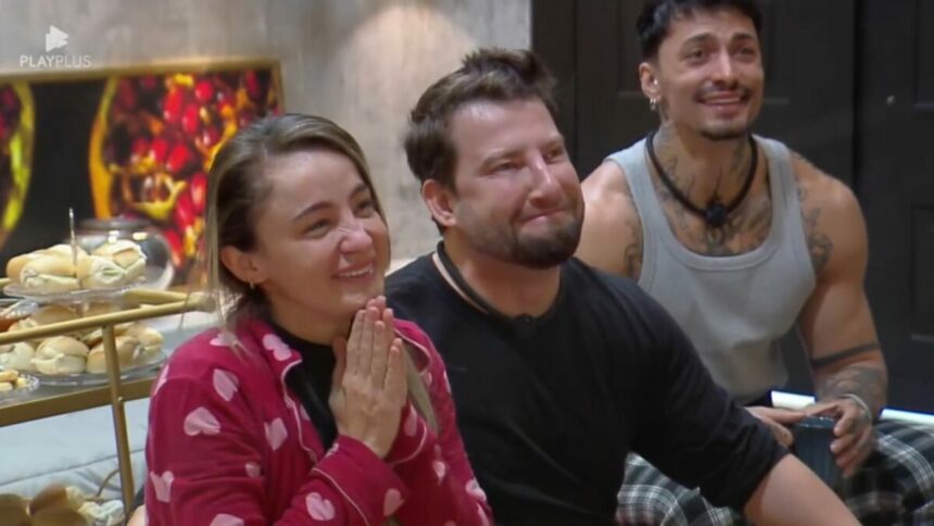 Gi e Eros Prado emocionados com o vídeo da família no Power Couple Brasil