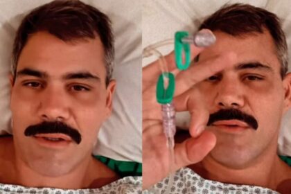 Juliano Cazarré, na cama de hospital, após cirurgia