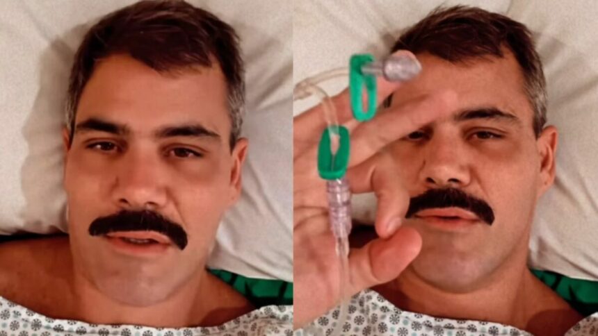 Juliano Cazarré, na cama de hospital, após cirurgia