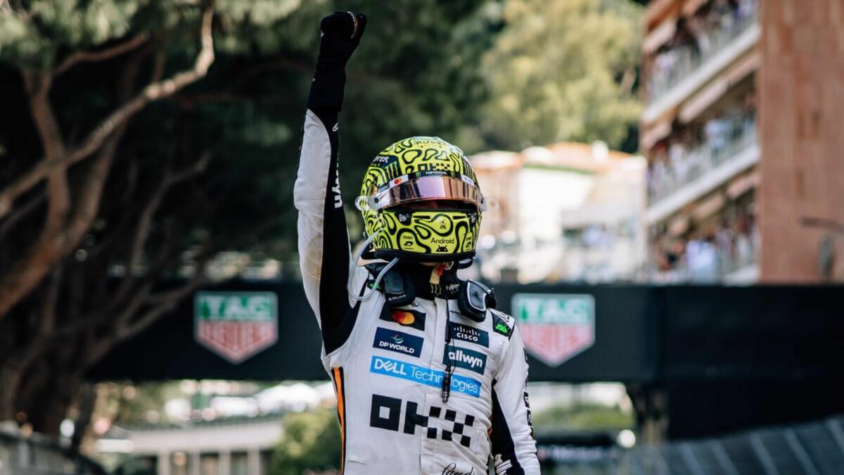 Lando Norris celebrando a vitória no GP de Mônaco de Fórmula 1