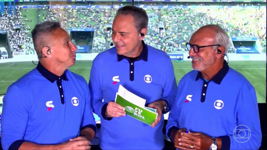Luis Roberto, Paulo Nunes e Junior em trecho de transmissão da Globo