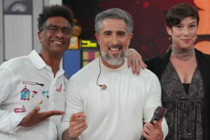 Marcos Mion, Helio de la Peña e Maria Paula em trecho do TV Teca no Caldeirão