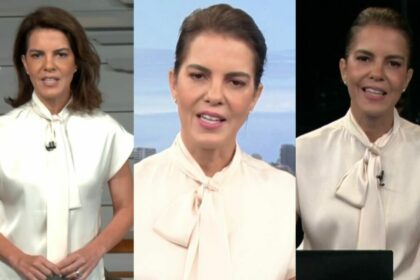 Mariana Gross em uma montagem no Bom Dia Brasil, RJ1 e RJ2