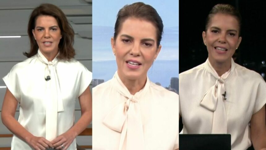 Mariana Gross em uma montagem no Bom Dia Brasil, RJ1 e RJ2