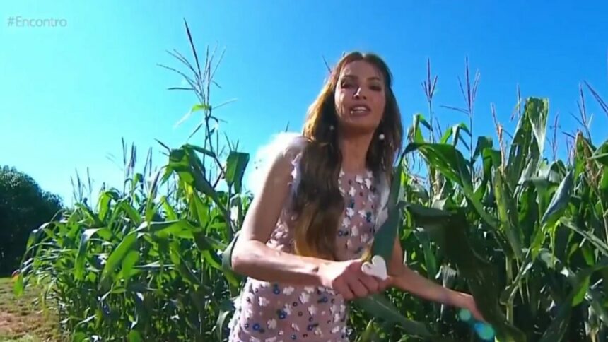 Patrícia Poeta em frente à uma plantação de milho, em trecho do Encontro