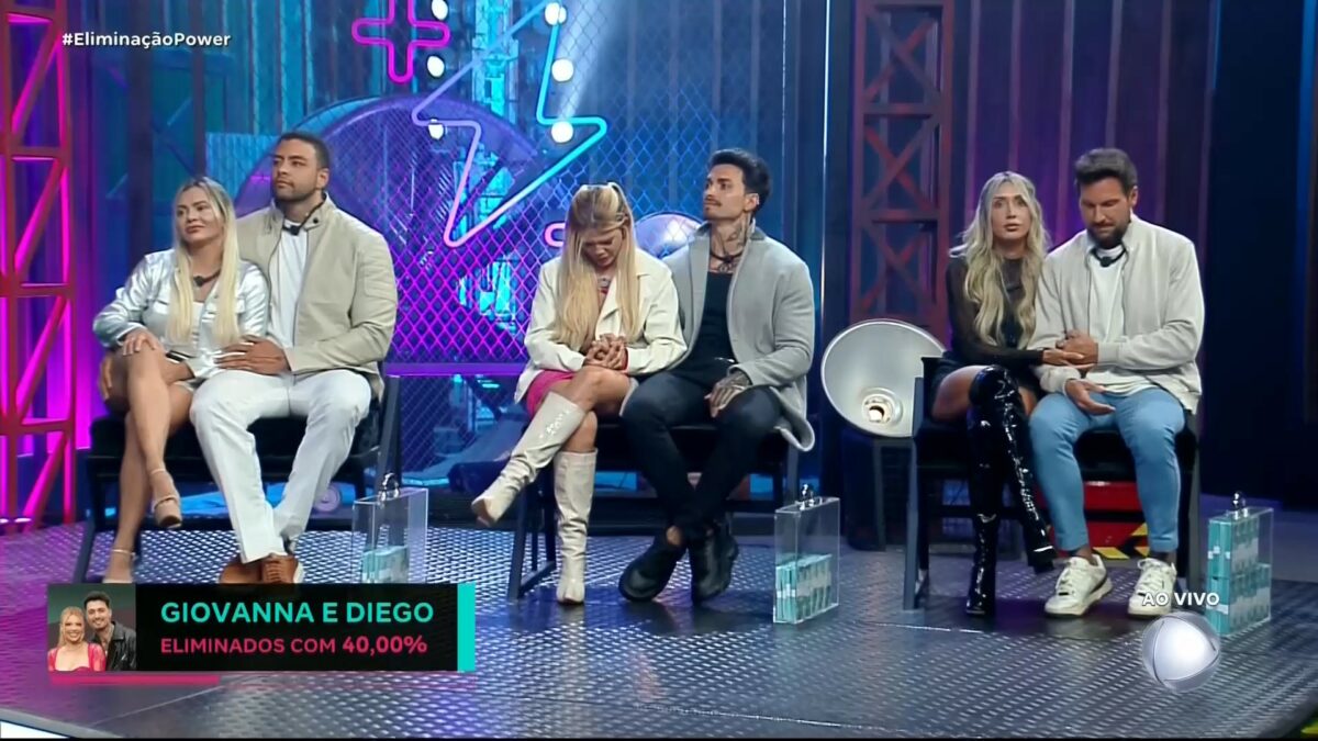 Edição do Power Couple exibindo tarja com casal eliminado, Giovanna e Diego, antes da hora