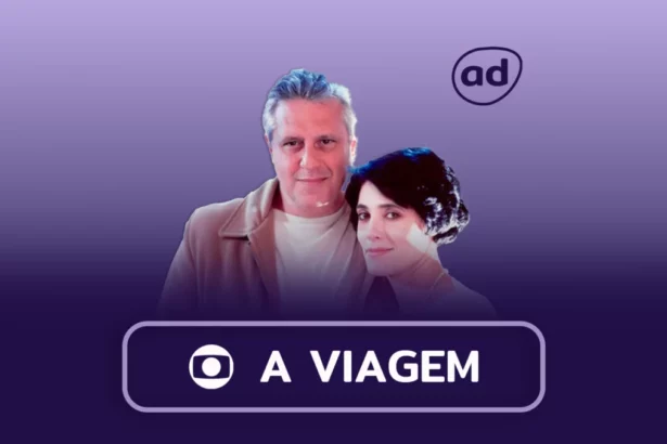 Otávio Jordão e Dinah abraçados na arte do Resumo de A Viagem