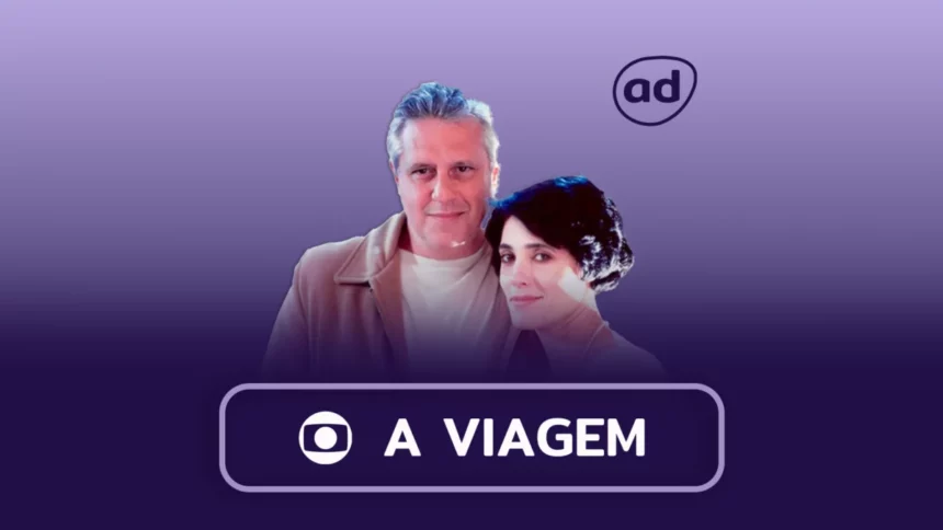 Otávio Jordão e Dinah abraçados na arte do Resumo de A Viagem
